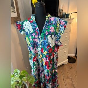 Floral V-Neck Ruffle Sleeve Midi Dress - Blue Multi